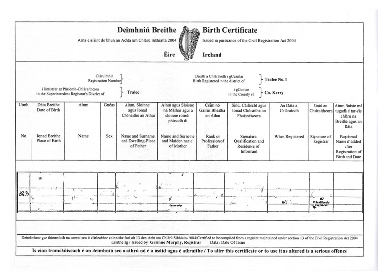 Ireland Citizens Birth Certificate